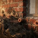 Doorsnede van huisfundering met vochtige kleigrond, opstijgend vocht in bakstenen muren en CAREBRICK ventilatiebuizen
