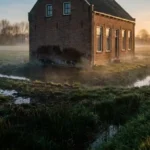 Nederlandse bakstenen woning met vochtvlekken op de ondermuren in mistig polderlandschap met sloten