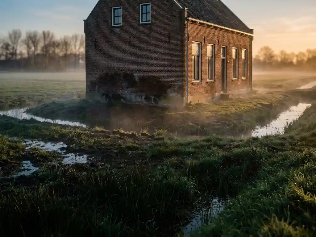 Nederlandse bakstenen woning met vochtvlekken op de ondermuren in mistig polderlandschap met sloten