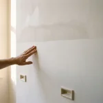 Huiseigenaar raakt droge witte muur aan waar vochtplekken volledig zijn verdwenen, CAREBRICK ventilatie-elementen zichtbaar