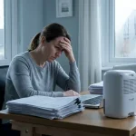 Persoon met hand tegen voorhoofd zittend aan rommelig thuiskantoor bureau met vochtschade en ontvochtiger