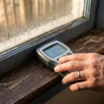 Professionele vochtmeter met digitaal display op verweerde houten vensterbank, hand controleert meetresultaat bij raam met waterdruppels