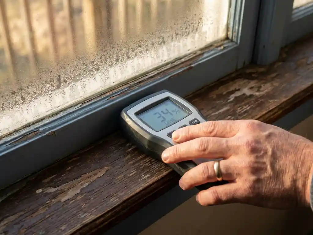 Professionele vochtmeter met digitaal display op verweerde houten vensterbank, hand controleert meetresultaat bij raam met waterdruppels