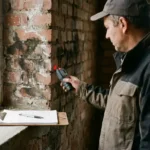 Professionele bouwkundige inspecteur gebruikt vochtmeter op beschadigde bakstenen muur met watervlekken en uitbloeiingen