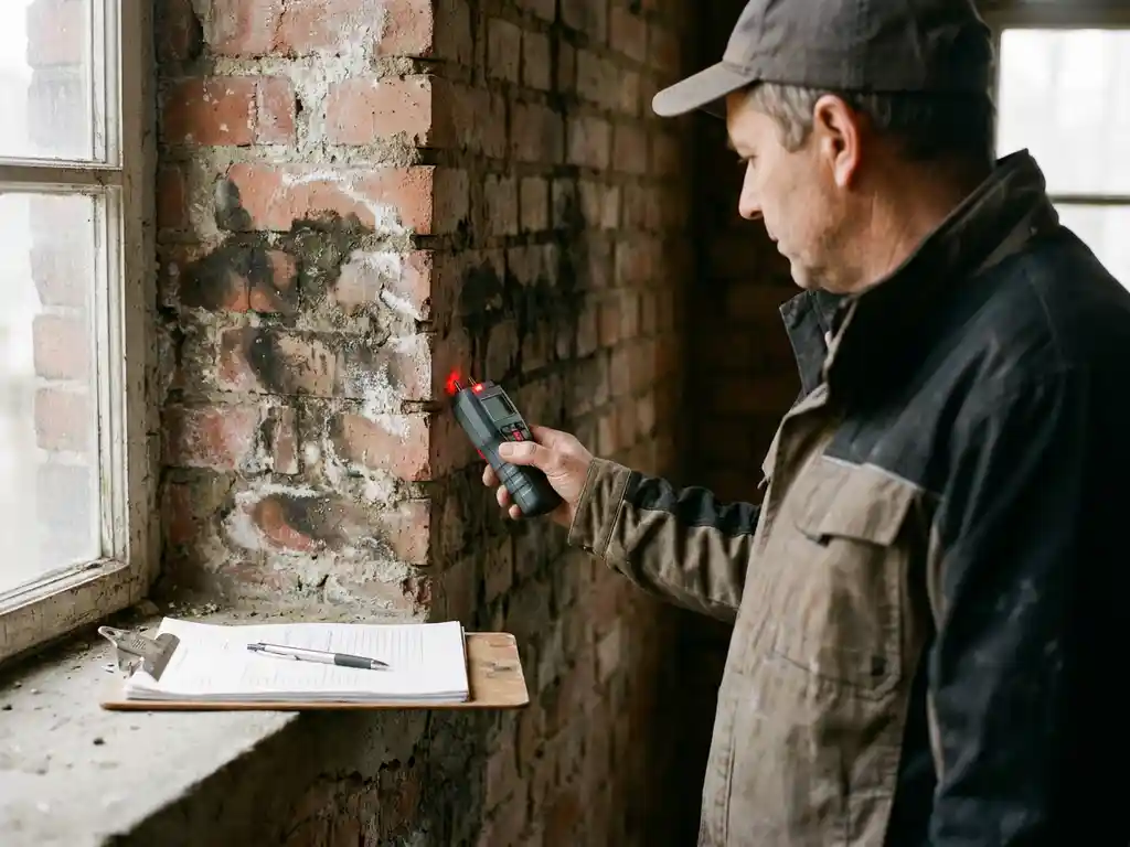 Professionele bouwkundige inspecteur gebruikt vochtmeter op beschadigde bakstenen muur met watervlekken en uitbloeiingen