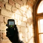 Professionele vochtmeter met digitaal display tegen droge bakstenen muur, technicus houdt apparaat vast in warm daglicht