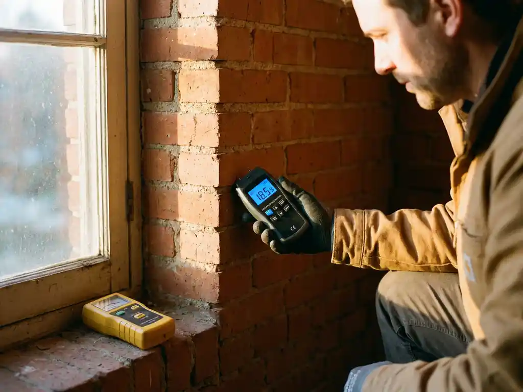 Vochtspecialist onderzoekt bakstenen muur met digitale vochtmeter terwijl basis DIY detector op vensterbank ligt