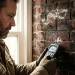 Professionele vochtinspecteur meet met digitale vochtmeter vochtige bakstenen muur met watervlekken en uitbloeiingen