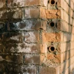 Doorsnede bakstenen muur toont vochtschade links met uitbloeiingen en gezonde droge bakstenen rechts, met keramische ventilatie-elementen in voegen