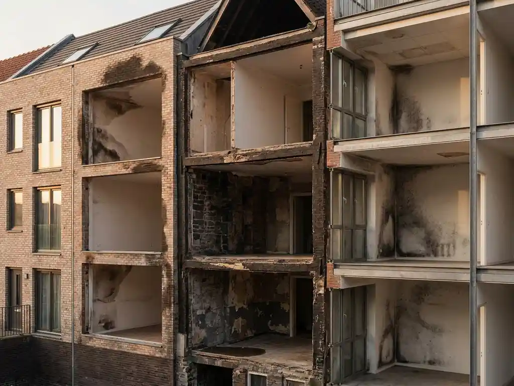 Dwarsdoorsnede van drie huistypes met vochtschade: bakstenen rijtjeshuis, grachtenpand en appartementengebouw tonen verschillende vochtproblemen door donkere wandverkleuring
