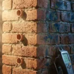 Doorsnede van bakstenen muur met vochtschade links en droge gezonde bakstenen rechts, keramische buizen zichtbaar in structuur, vochtmeter aan basis