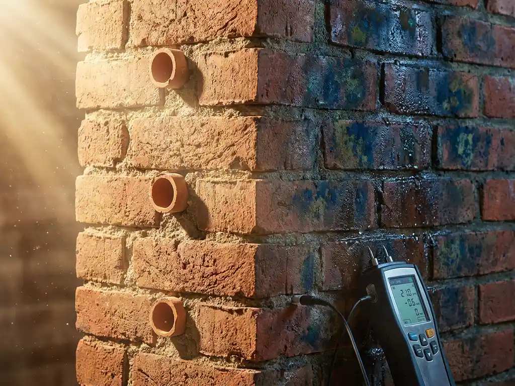 Doorsnede van bakstenen muur met vochtschade links en droge gezonde bakstenen rechts, keramische buizen zichtbaar in structuur, vochtmeter aan basis