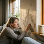 Huiseigenaar inspecteert watervlekken op gedeelde muur tussen rijtjeshuizen, vochtdruppels zichtbaar op behang