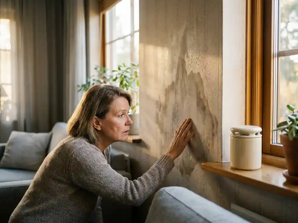 Huiseigenaar inspecteert watervlekken op gedeelde muur tussen rijtjeshuizen, vochtdruppels zichtbaar op behang