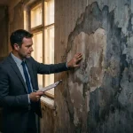 Vochtschade aan appartementgebouw muur met donkere vlekken en afbladderende verf, gebouwbeheerder inspecteert schade