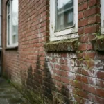 Verweerde bakstenen muur van jaren 50 woning met vochtschade, witte uitslag, afbladderende verf en mos in voegen