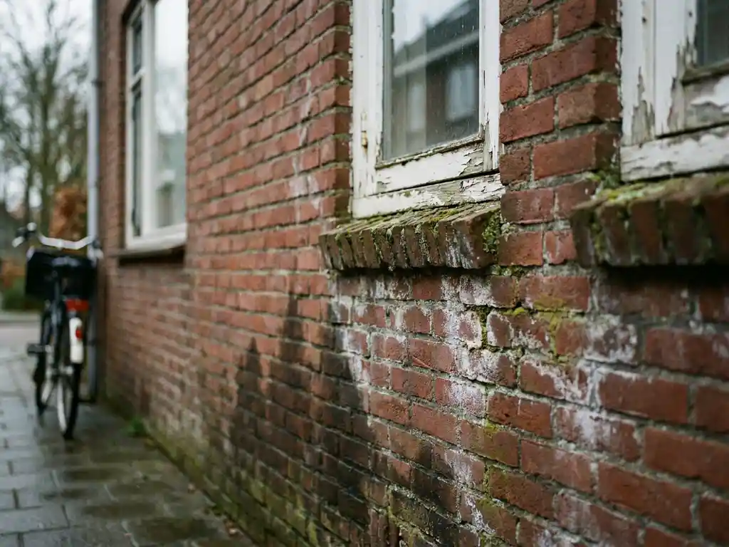 Verweerde bakstenen muur van jaren 50 woning met vochtschade, witte uitslag, afbladderende verf en mos in voegen
