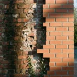 Verweerde bakstenen muur met vochtschade en witte zoutuitslag naast nieuwe bakstenen sectie in ochtendlicht