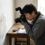 Professionele vochtschade-inspecteur fotografeert watervlekken op witte muur met camera, vochtmeter en klembord op houten tafel