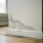 Witte muurhoek met donkere vochtplekken die omhoog kruipen vanaf de plint, waterdruppels op verf, verwrongen houten vloer