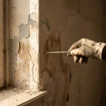Professional inspecteert beschadigde muur met afbladderende pleister, vochtplekken en scheuren met inspectietool