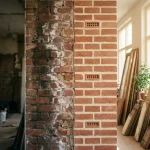 Doorsnede van traditionele bakstenen muur toont vochtschade links en gerestaureerde droge muur rechts met CAREBRICK ventilatiesysteem in duurzame renovatieruimte