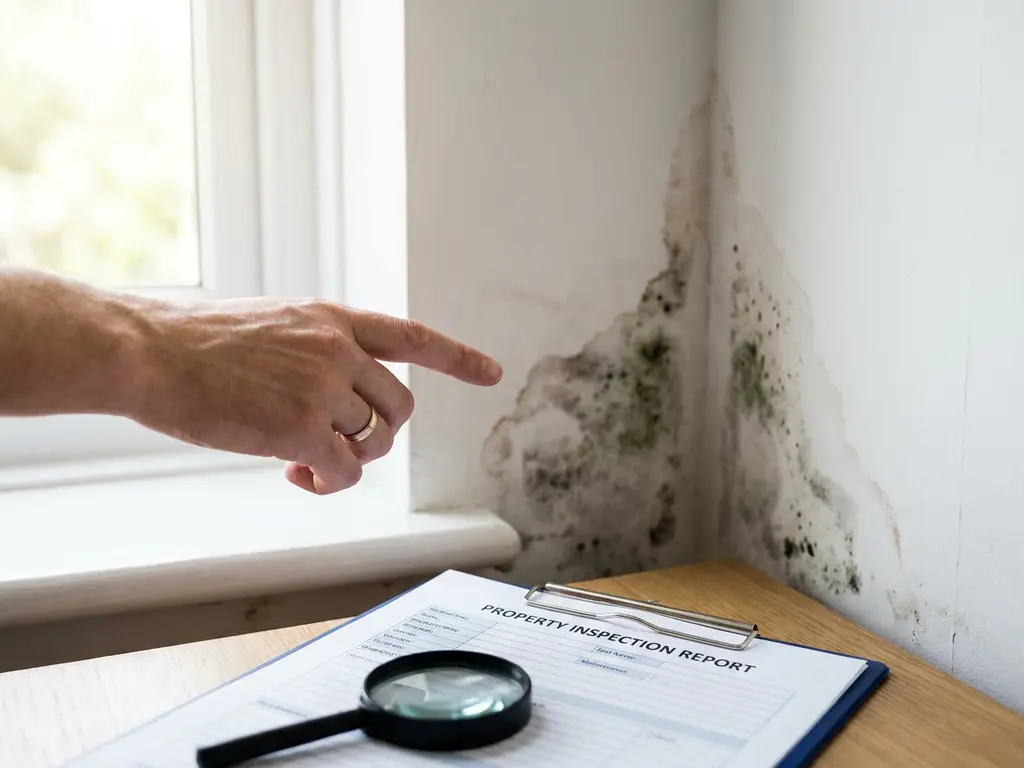 Huiseigenaar wijst naar donkere watervlekken en schimmelplekken op witte muur tijdens woninginspectie