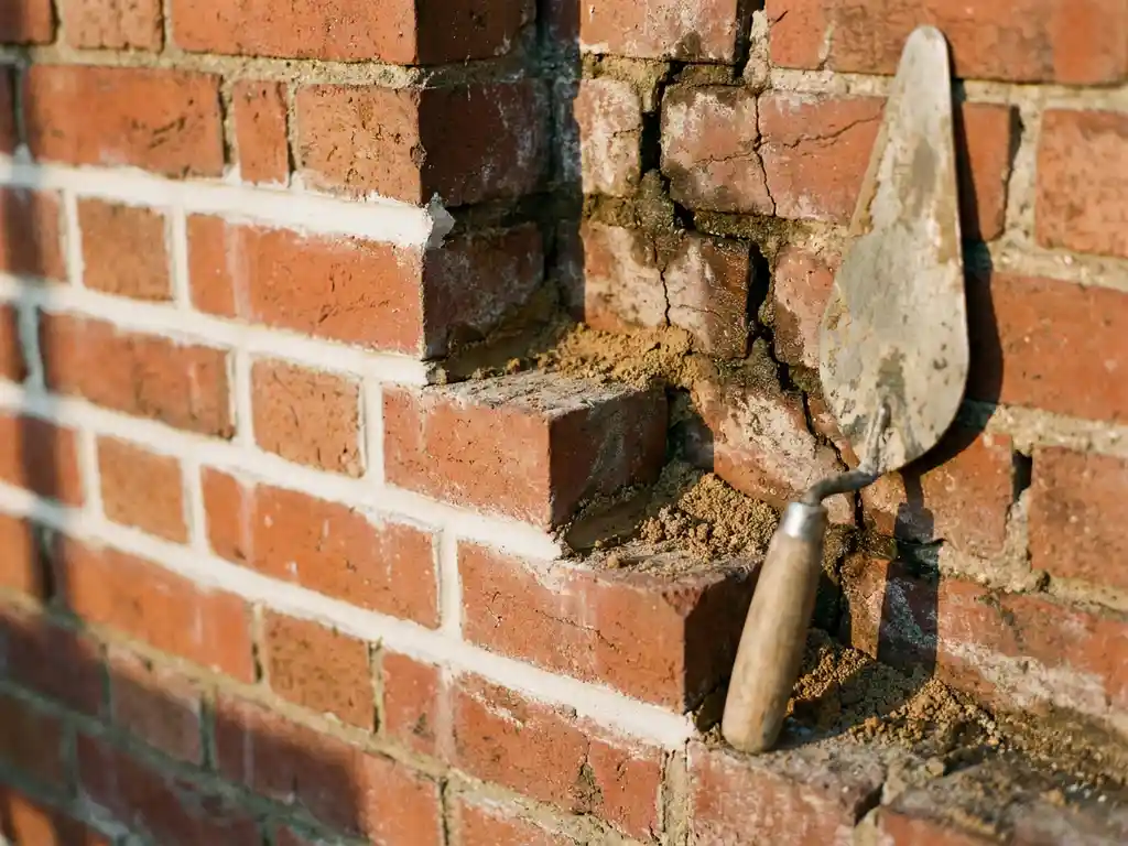 Rode bakstenen muur met nieuwe witte voegen naast verweerde, gebarsten mortel en professionele voegspaan