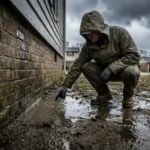 Huiseigenaar onderzoekt wateroverlast bij bakstenen fundering tijdens onweersbui met slechte drainage en modderige grond