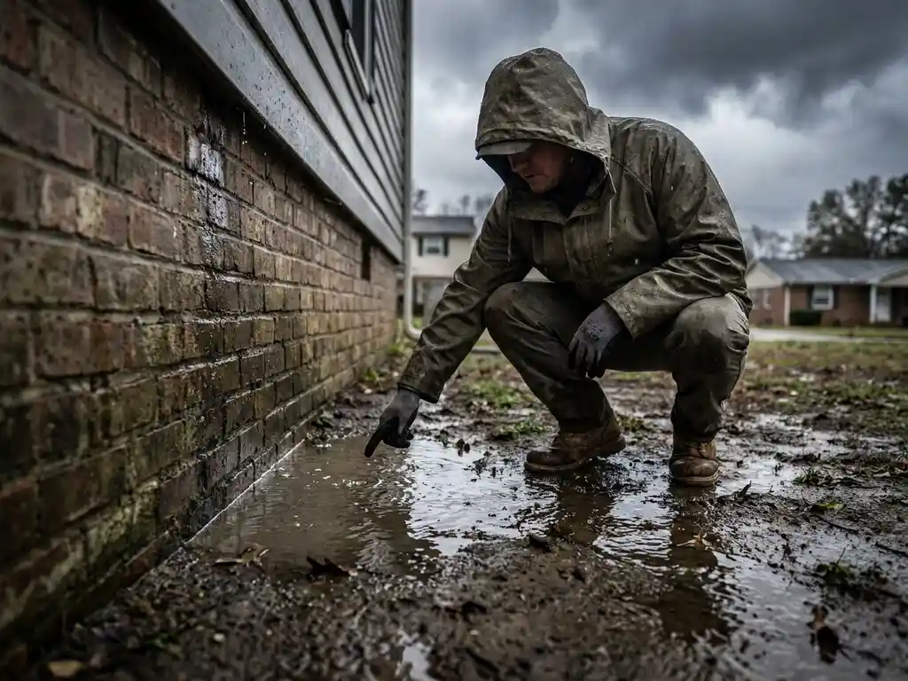 Huiseigenaar onderzoekt wateroverlast bij bakstenen fundering tijdens onweersbui met slechte drainage en modderige grond