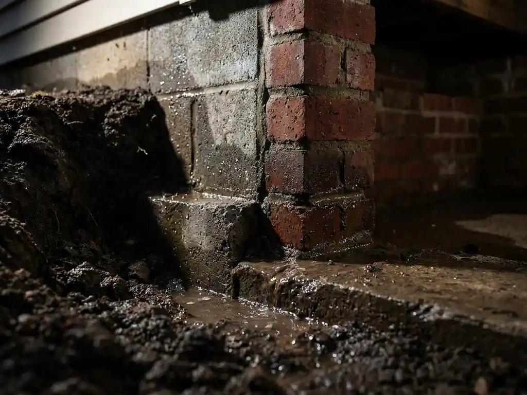Doorsnede van huisfundering met waterinfiltratie door poreuze bakstenen muren en verzadigde donkere grond rond betonnen funderingen
