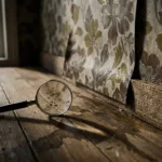 Houten vloer met donkere watervlekken onder afbladderende behang, vergrootglas toont verborgen schimmelplekken