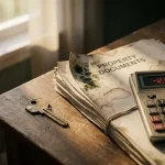 Huissleutel op houten tafel naast eigendomsdocumenten met waterschade en schimmel, rekenmachine toont dalende cijfers