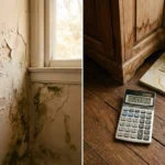 Gescheurde muur met waterschade en schimmel, calculator op beschadigde houten vloer naast kapotte meubels