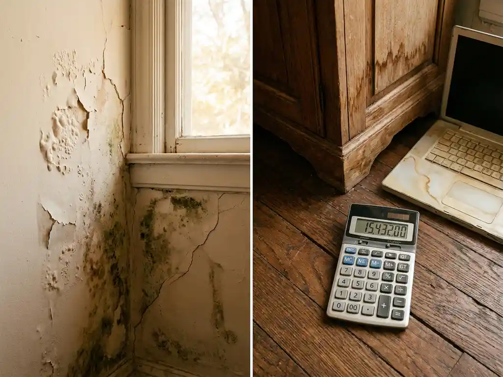Gescheurde muur met waterschade en schimmel, calculator op beschadigde houten vloer naast kapotte meubels