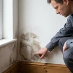 Huiseigenaar onderzoekt donkere watervlek in witte muurhoek, vinger raakt verkleurd pleisterwerk aan met waterdruppels op plint