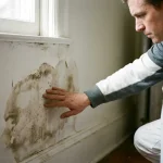 Huiseigenaar onderzoekt donkere watervlekken aan de voet van een binnenmuur, hand op vochtige pleisterwerk