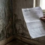 Waterschade aan binnenmuur met donkere vochtplekken en afbladderende behang, huiseigenaar houdt verzekeringsdocument vast