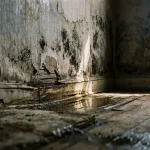 Zwarte schimmel verspreidt zich over afbladderende muur met waterschade, vervormde vloerplanken en staand water