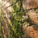 Verweerde bakstenen muur met witte ventilatiepijpjes en groen mos tussen de voegen in ochtendlicht