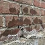 Oude bakstenen muur met donkere watervlekken en witte zoutafzettingen, verweerde voegen tonen leeftijd en slijtage