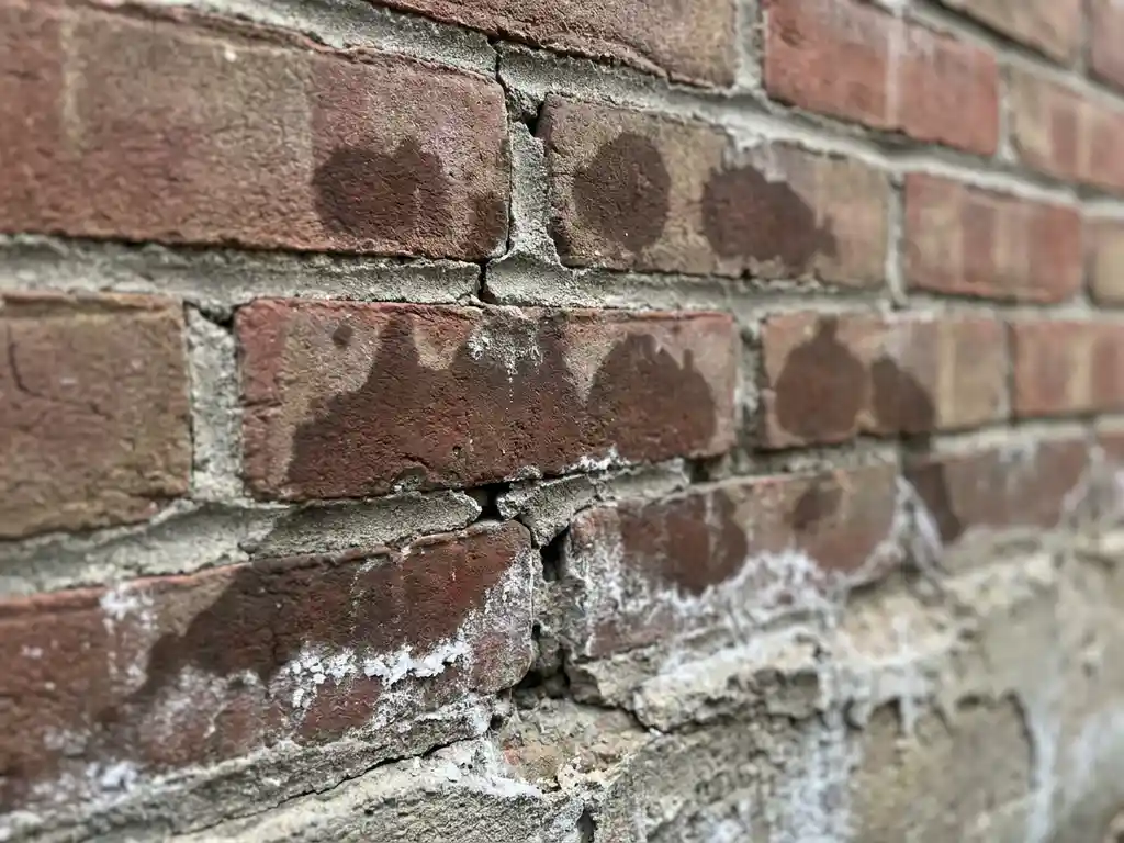 Oude bakstenen muur met donkere watervlekken en witte zoutafzettingen, verweerde voegen tonen leeftijd en slijtage