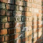 Verweerde bakstenen muur met oudere donkere stenen met vochtplekken naast nieuwere lichte stenen in ochtendlicht