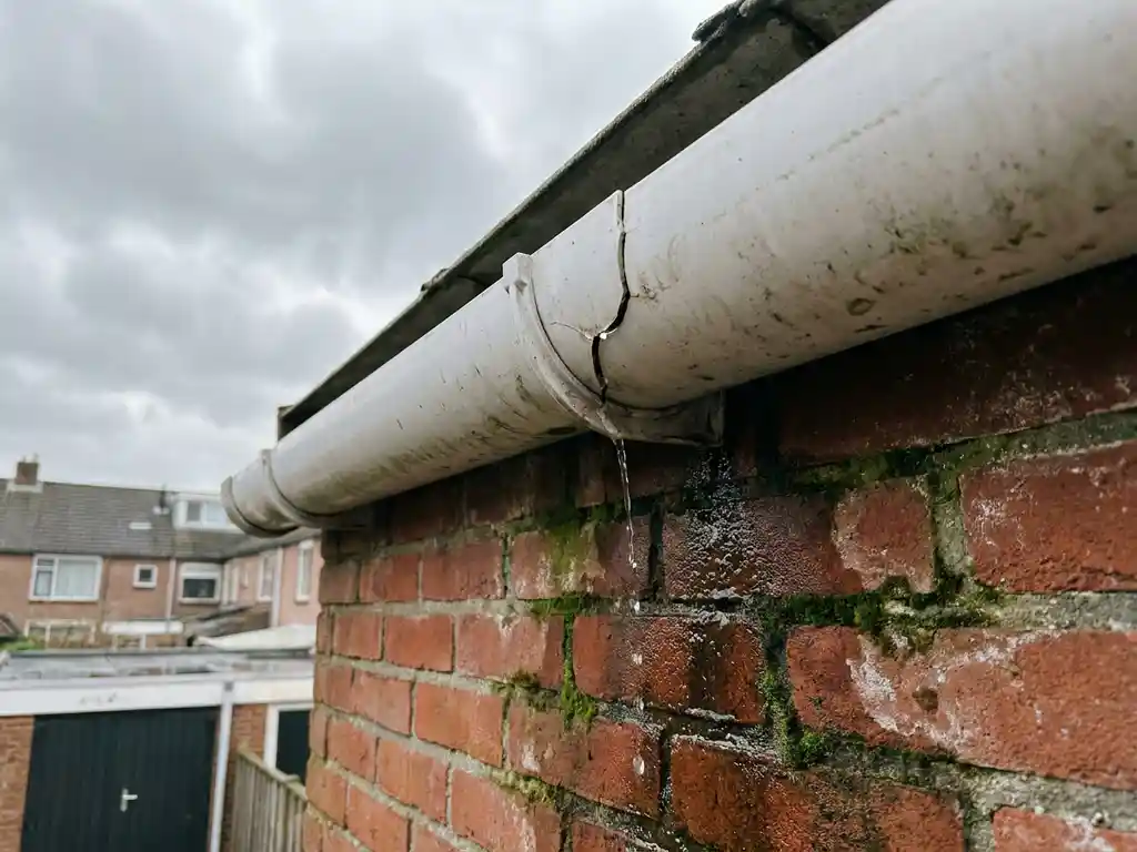 Beschadigde witte dakgoot met scheur lekt water op natte rode bakstenen muur met donkere watervlekken en mos