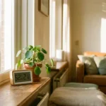 Digitale hygrometer toont optimale luchtvochtigheid naast groene kamerplant op houten vensterbank in Nederlandse woning