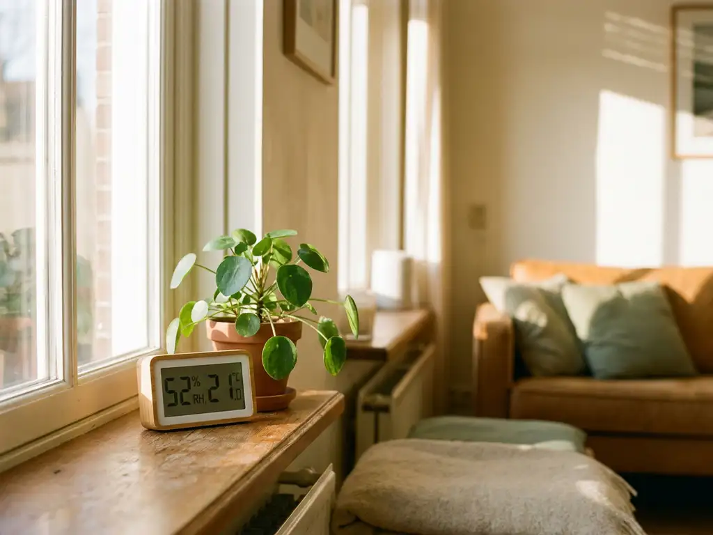 Digitale hygrometer toont optimale luchtvochtigheid naast groene kamerplant op houten vensterbank in Nederlandse woning