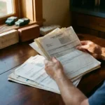Huiseigenaar houdt officiële documenten en bankafschriften vast op donkere houten keukentafel met CAREBRICK elementen op achtergrond