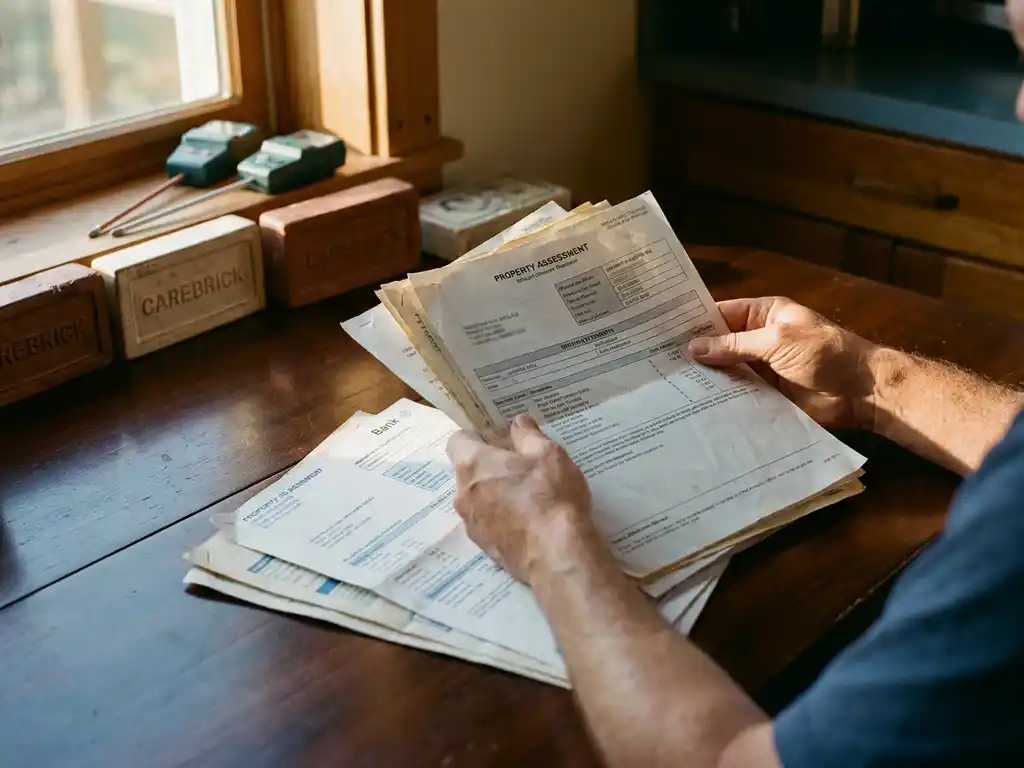 Huiseigenaar houdt officiële documenten en bankafschriften vast op donkere houten keukentafel met CAREBRICK elementen op achtergrond