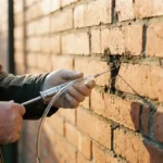 Technicus injecteert vloeistof in bakstenen muur via naald en transparante slang voor voegreparatie