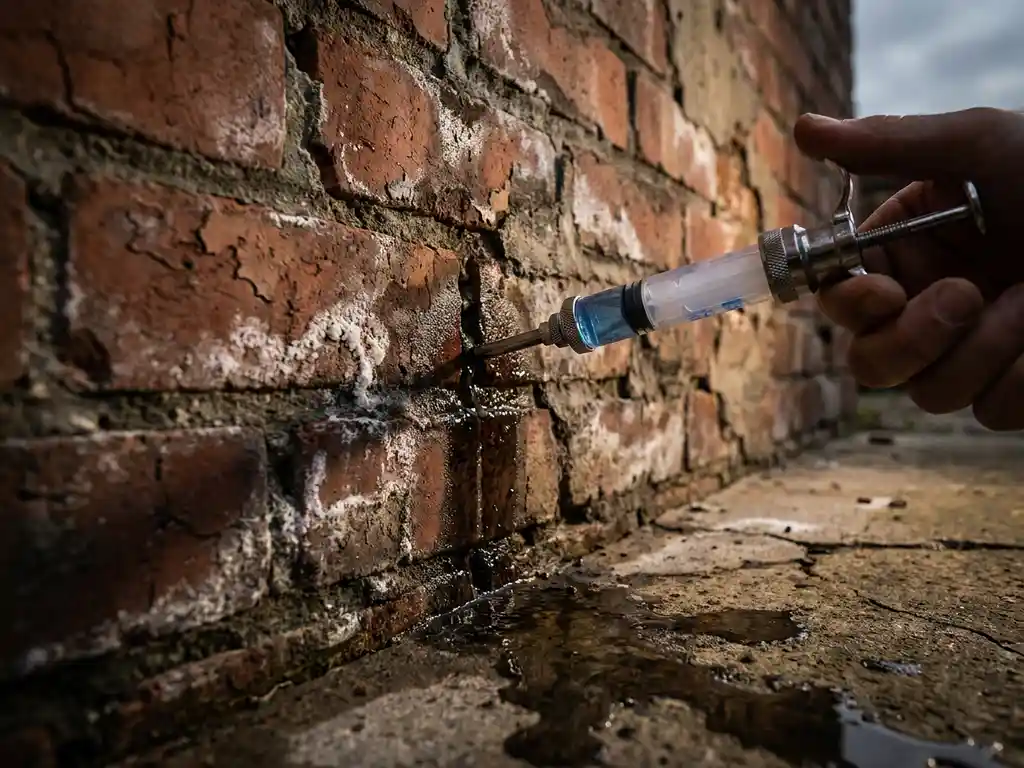 Beschadigde bakstenen muur met vochtplekken en witte zoutafzettingen, injectiespuit in voegwerk met lekkende vloeistof